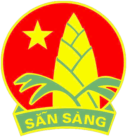 Huy hiệu Đội với Măng non trên nền cờ đỏ sao vàng và băng chữ Sẵn sàng